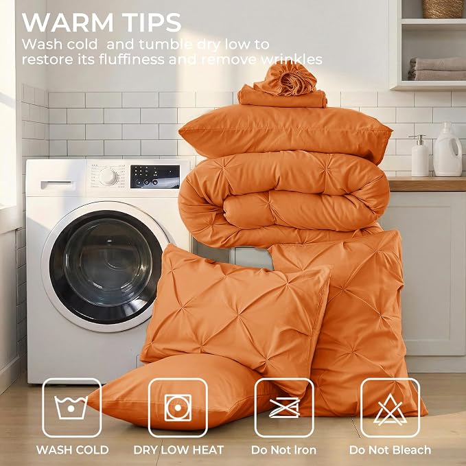 Sasttie Full Size Comforter Set, 7-Piece Bed in a Bag Double, Pintuck Bedding Set for All Season, Includes Comforter, Flat Sheet, Fitted Sheet, Pillowcases and Pillowshams, Coral Orange