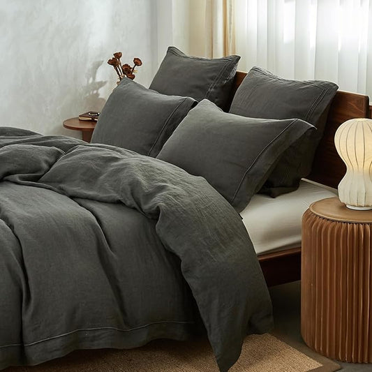 Simple&Opulence 100% French Linen Duvet Cover Set with Embroidered,2 Pcs Washed Soft Farmhouse Bedding Set with Button Closure,1 Comforter Cover and 1 Pillowsham(Twin,Dark Grey)