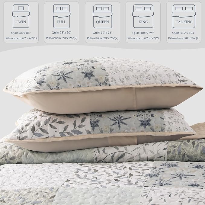 Exclusivo Mezcla Reversible Boho Quilts Twin Size Gray | Lightweight Soft Bedspreads, All Season Patchwork Coverlet Bedding Set, Printed Floral Pattern, 1 Quilt and 1 Pillow Sham