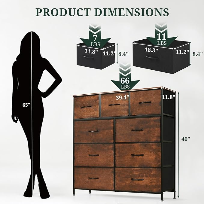 9-Drawer Dresser for Bedroom, Anti-Tip Tall Storage Organizer | Chest of Drawers with Wooden Top and Metal Frame Fabric Bins for Closet, Living Room, Hallway, Entryway, Brown