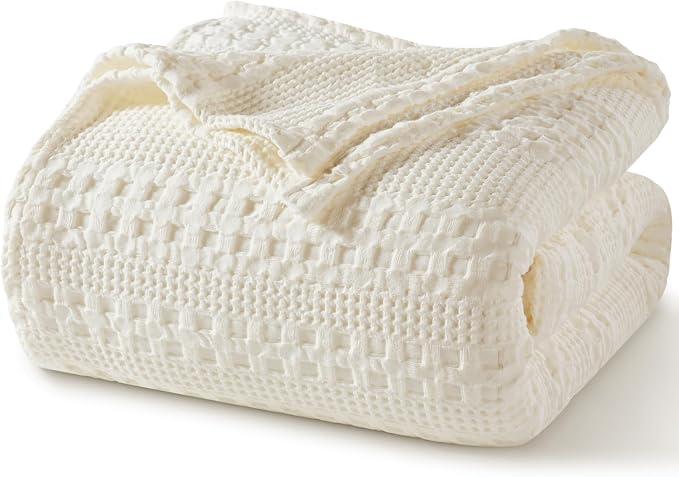 PHF Lightweight 100% Cotton Waffle Blanket for Bed, Queen, Ivory | Pre-Washed Soft Cotton Comfort, Breathable Layering Warmth for Fall & Winter, Bed, Sofa, Couch, Home Decor & Gifts