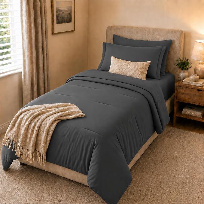 HIMEET Twin Comforter Sets, 5-Piece Point-Quilted Bed in a Bag, Dark Grey | OEKO-TEX Certified, Lightweight 240 GSM Comforter, Flat Sheet, 14-Inch Deep-Pocket Fitted Sheet, Pillowcase & Sham