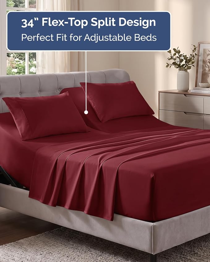 Flex Top Split Head King Sheet Set - 4 Piece Extra Deep Sheets - Burgundy | Easily Fits 18 to 24 inch Mattress, Ultra Soft, Wrinkle & Fade Free with Extra Deep Pockets, Comfy Hotel Luxury Bedding