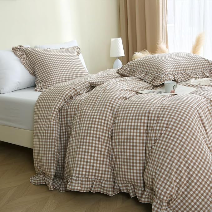 Silnuo Taupe/White Plaid Gingham Ruffle Duvet Cover Set Twin Size | 100% Washed Cotton 3 Piece Vintage Checkered Chic Bedding Set Comforter Cover Set
