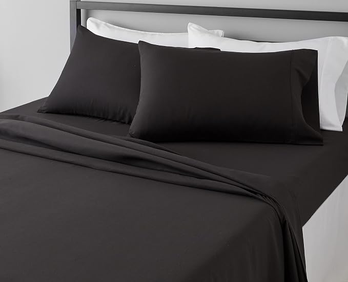Amazon Basics Lightweight Super Soft, Breathable, Wrinkle Resistant, Machine Washable Microfiber 4 Piece Bed Sheet Set with 14-Inch Deep Pockets, King, Black, Solid