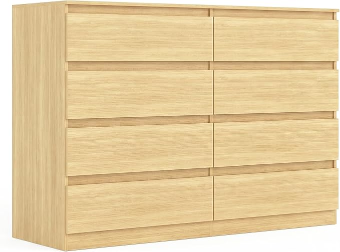 Vibe & Dine 8 Drawer Double Dresser, Modern Chest of Drawers with Wide Storage for Closet, Bedroom, Living Room, Natural Wood