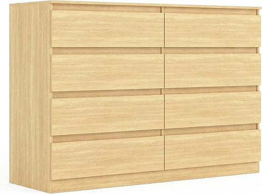 Vibe & Dine 8 Drawer Double Dresser, Modern Chest of Drawers with Wide Storage for Closet, Bedroom, Living Room, Natural Wood