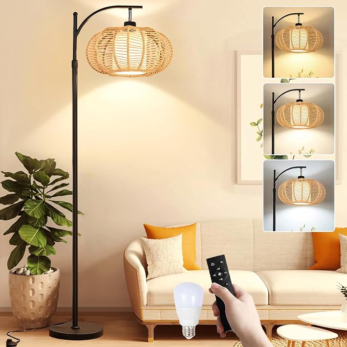 ZECOXOL Arc Floor Lamps for Living Room Bedroom Rattan Boho Floor Lamp with Remote Control,Dimmable Led Standing Lamp Wicker Lamp Shade Rustic Tall Floor Lamp Modern Flower Lamp for Bedroom Corner