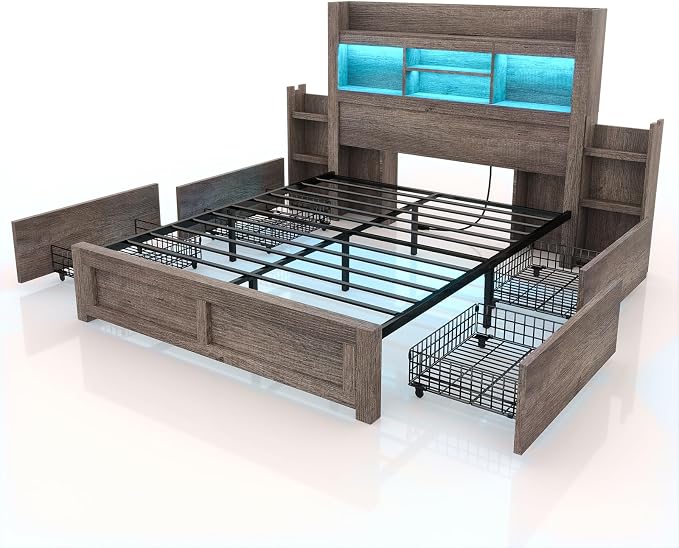 LUXOAK Full Bed Frame with Storage, Bookcase Headboard,Grey | 49.6" Headboard, Wood Platform Bed, Charging Station, Bedside Storage, 4 Storage Drawers, No Box Spring Needed, Farmhouse