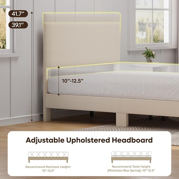Bestier Full Bed Frame with Adjustable Headboard,LED Light,Beige | LED Lighting Headboard,Easy Assembly,No Squeaks,Vertical Channel Corduroy Upholstered,Wood Slats Support,No Box Spring Needed