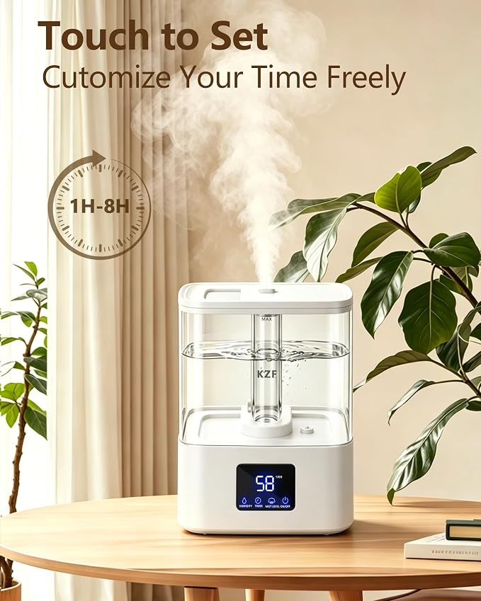 KZF 4L Top Fill Humidifiers for Bedroom & 40H Runtime - Cool Mist Humidifier, 3 Mist Levels, 8H Timer, Essential Oil Tray, Humidity Display, Quiet for Baby, Plants, Large Room (White, 4L)