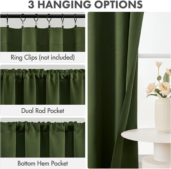 MIULEE Set of 4 Short Bedroom Blackout Curtains 54 Inch Long Oliver Green | Thermal Curtains for Summer Heat, Light Blocking Privacy Window Drapes, Top&Bottom Rod Pocket
