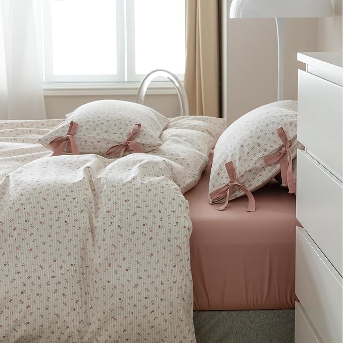 mixinni White Flower Pattern Duvet Cover Queen Cottage Pink Floral Stripes Duvet Cover Set 100% Cotton Bedding Set with Zipper Ties Bowknot Pillowcases, Easy Care, Soft and Breathable-Queen Size