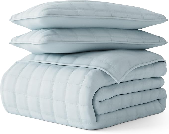 Merit Linens Classic Quilt Coverlet Soft Set in Square Stitching - Full/Queen Pale Blue