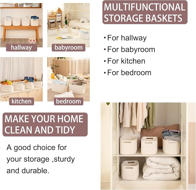 OIAHOMY 4 Pack Storage Baskets for Organizing 24L Cube Storage Bins White | Woven Baskets for Storage Rectangle Small Baskets With Handles Baskets for Shelves Wicker Baskets for Shelves 16x12x8inch
