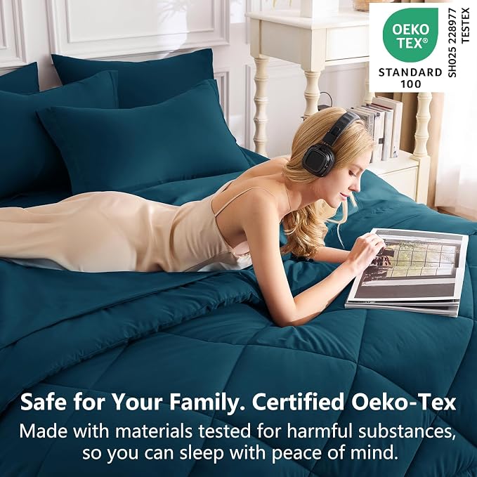 Oversized King Comforter Set Lyons Blue - 7 Pieces Bed in a Bag | OEKO-TEX Certified, All Season, 240GSM Down-Alternative Comforter, Sheets, Pillowcases & Shams, 14" Deep Pocket, Easy Care