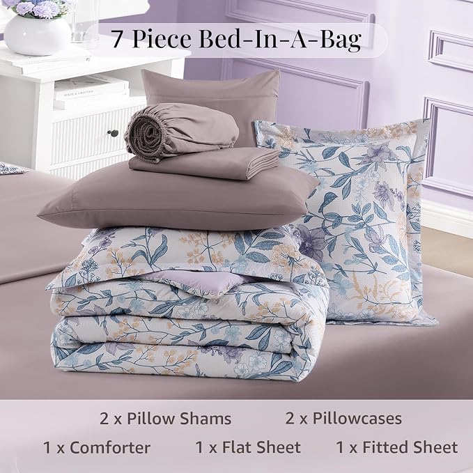 Full Size Comforter Sets - 7 Pieces Floral Bed in a Bag Full Bedding Set | Purple Botanical Flowers Comforter Set with Sheets, Pillowcases & Shams for All Seasons
