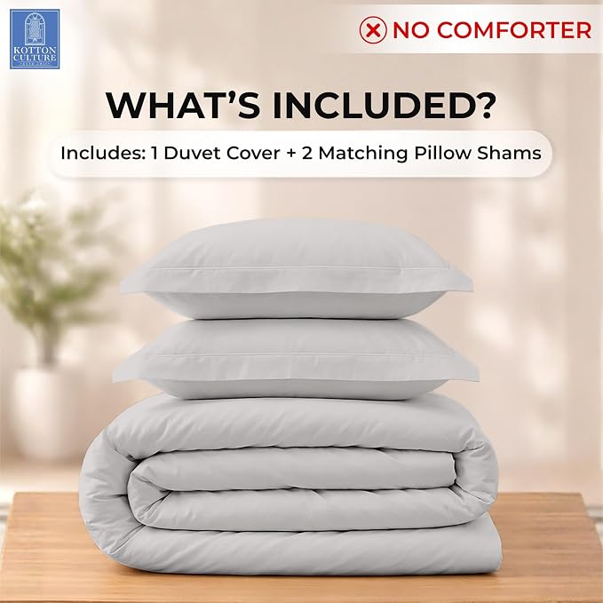 Kotton Culture 3 Pc 120" x 98" Duvet Cover Set Oversized King 100% Egyptian Cotton - 600 Thread Count Comforter Cover, Zipper Closure & Corner Ties - Fits Large King Inserts - Silver