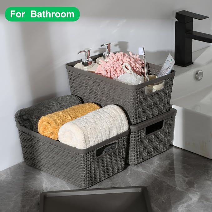 6 Pack Plastic Storage Baskets with Lid,Grey Stackable Bins | Durable Woven Plastic With handle Breathable,Save space,For Organizing Desktops, Closets, Playrooms, Classrooms, Offices