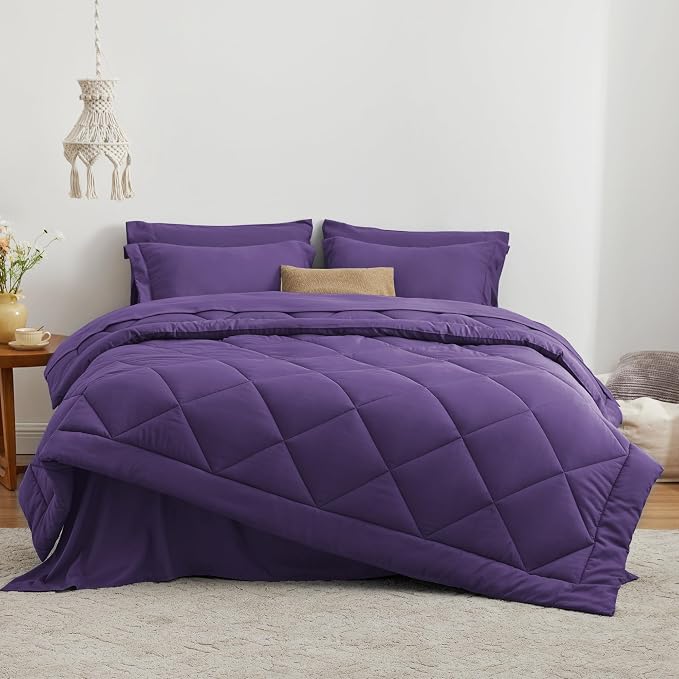 Love's cabin Oversized Queen Comforter Set, 7 Pieces Bed in a Bag, All Season Bedding Sets with 1 Comforter, 1 Flat Sheet, 1 Fitted Sheet, 2 Pillowcase and 2 Pillow Sham, Purple