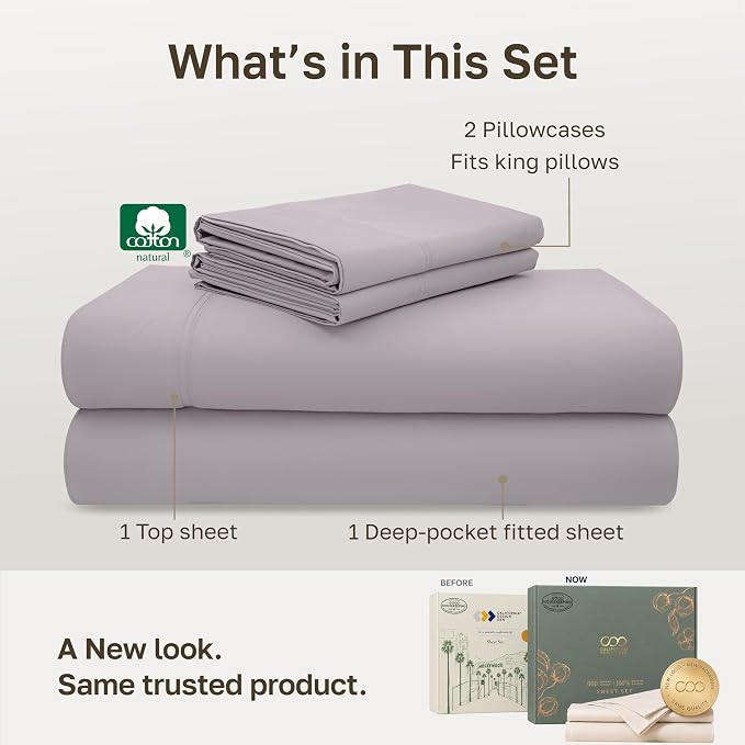California Design Den 600 Thread Count Cal King Sheet Set Cotton, Lavender | 100% Cotton Sateen Backed by Good Housekeeping Seal, Soft & Smooth, 16" Deep Pocket, All-Around Elastic, Durable, Easy Care