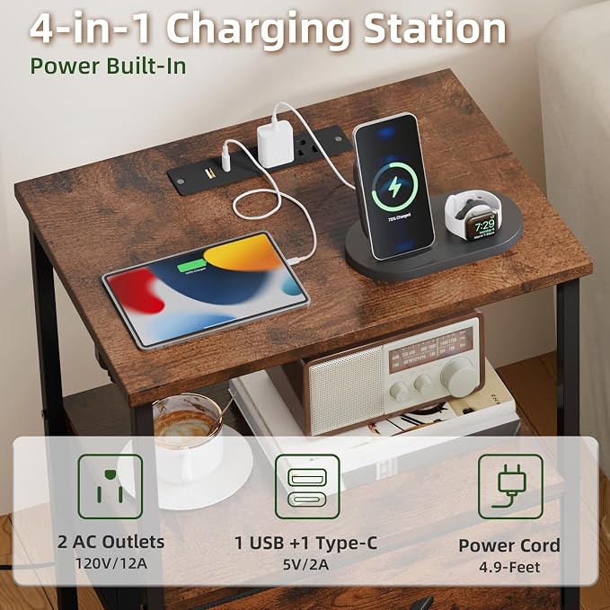 Somdot Nightstands Set of 2 with 2 Drawers, Charging Station & LED Light | Open-Shelf End Tables for Bedside, Dorm, Guest Room, Kids Room, Bedroom, Entryway and Hallway, Brown