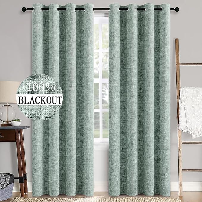 MIULEE 100% Blackout Linen Curtains for Bedroom 52x108 Inches Seafoam Green | Room Darkening, Light Blocking, Thermal Insulated, Grommet Top, Linen Textured, Window Curtains for Living Room, 2 Panels