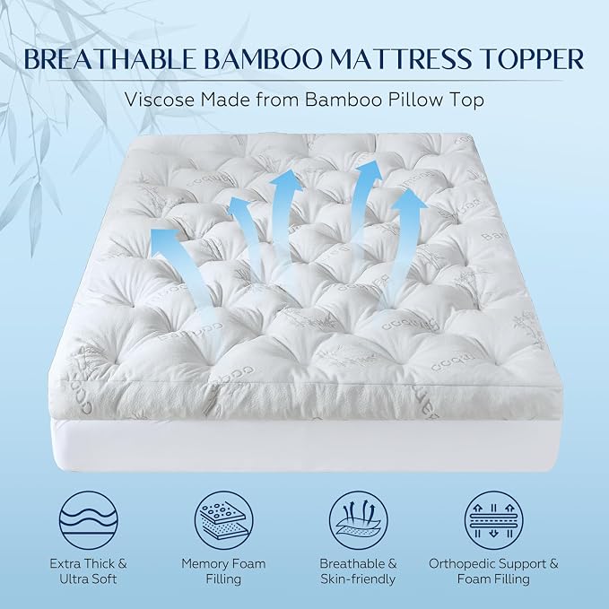 5 Inch Cooling Bamboo Mattress Topper Full Size,54x75 in,2000 GSM | Full Bamboo Mattress Pad Cover,Gel Memory Foam Filling,Viscose Made From Bamboo Pillow Top,Pain Relief,For Hot Sleppers