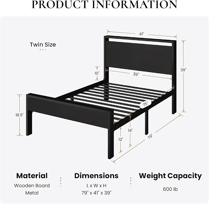 SHA CERLIN 14 Inch Twin Size Metal Platform Bed Frame with Wooden Headboard and Footboard, Mattress Foundation, No Box Spring Needed, Large Under Bed Storage, Heavy Duty Slats Support, Black Oak
