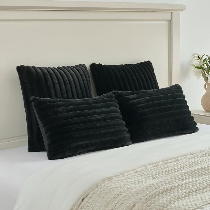 FUTEI Pack of 2 Faux Fur Throw Pillow Covers 18x18 Inch, Black | Fluffy Faux Rabbit Fur Front/Premium Velvet Back,Hidden Zipper,Machine Washable,Non-Shedding,Colorfast,Insert Not Included.