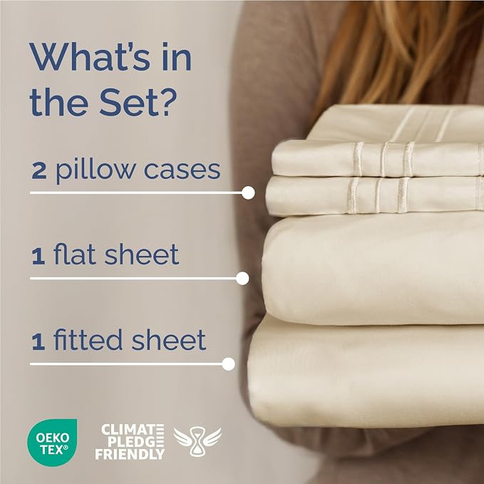Full Size 4 Piece Sheet Set - Comfy Breathable & Cooling Sheets - Off White | Hotel Luxury Bed Sheets for Women & Men, Deep Pockets, Easy-Fit, Extra Soft and Wrinkle Free Sheets, Oeko-Tex Bed Sheet Set
