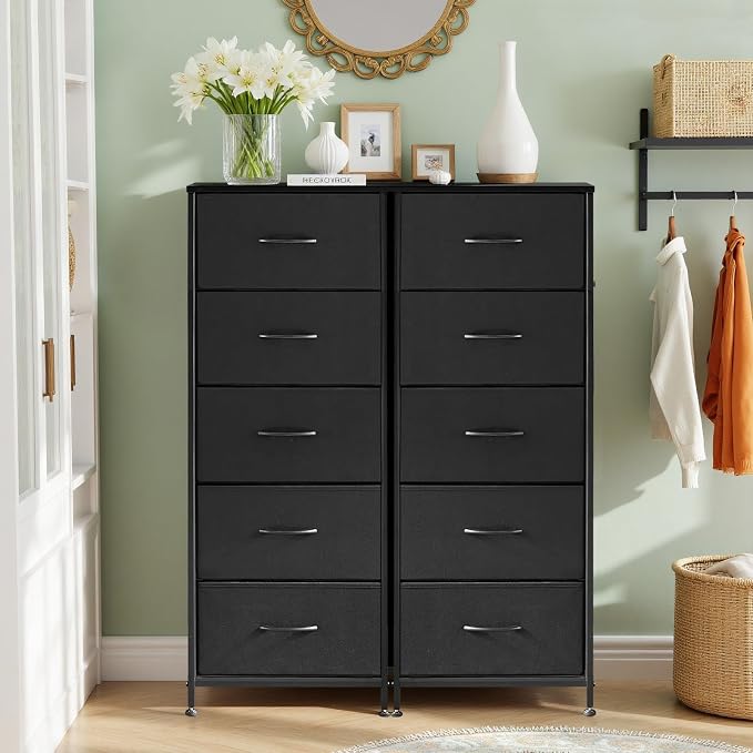 5 Drawers Dresser for Bedroom Fabric Storage Tower with Wooden Top | Steel Frame Tall Chest of Drawers for Closet, Entryway, Dorm, Black
