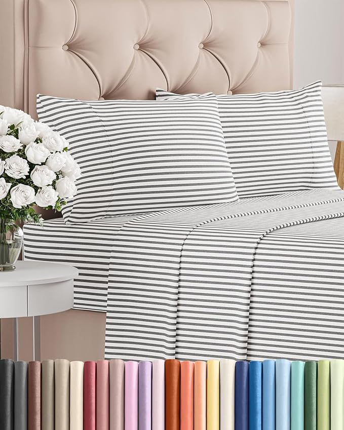 Twin 4 Piece Bed Sheet Set - Breathable & Cooling Sheets - Grey Stripes | Ultra Soft Hotel Luxury Bedding Set with 8-16 Inch Deep Pockets, 1 Flat & 1 Fitted Sheet & 2 Pillowcases, Wrinkle & Fade Free