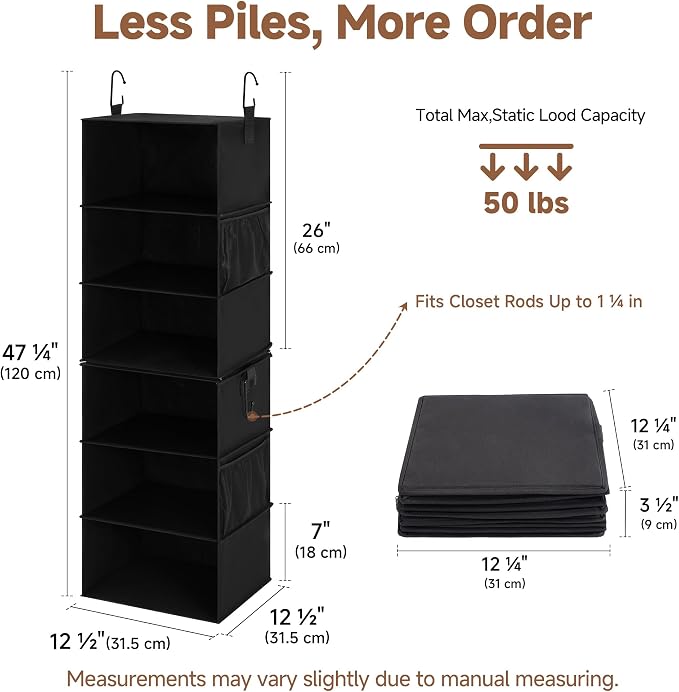 StorageWorks Hanging Closet Organizer, 6-Shelf with 2-in-1 Design, Ivory | Maximize Closet Space with Reinforced Shelves, Small Closet Storage Solution for Bedrooms, Dorms and RVs