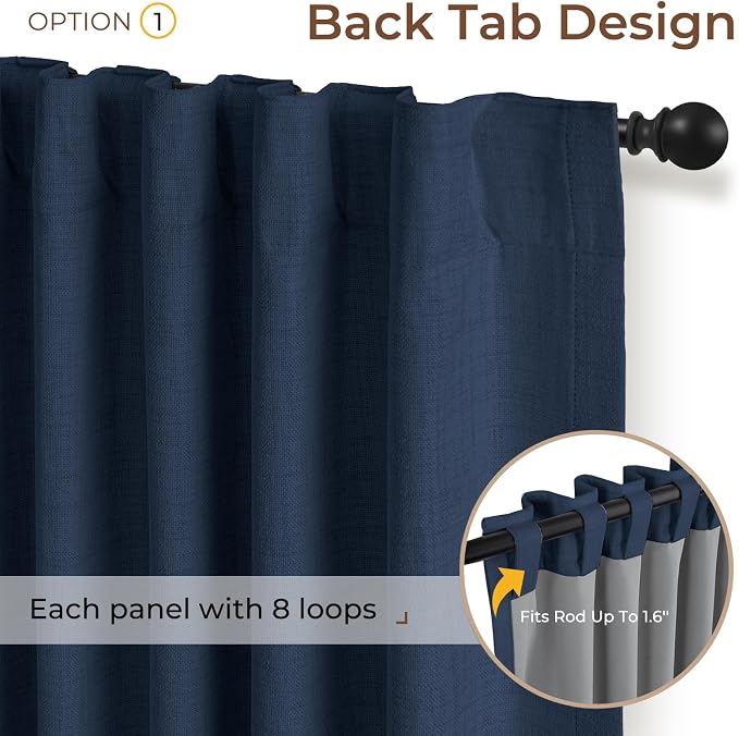 INOVADAY 100% Blackout Linen Curtains for Bedroom 50x90 Midnight Blue | Linen Textured, Light Blocking, Room Darkening, Thermal Insulated, Back Tab Top, Window Curtains for Living Room, 2 Panels