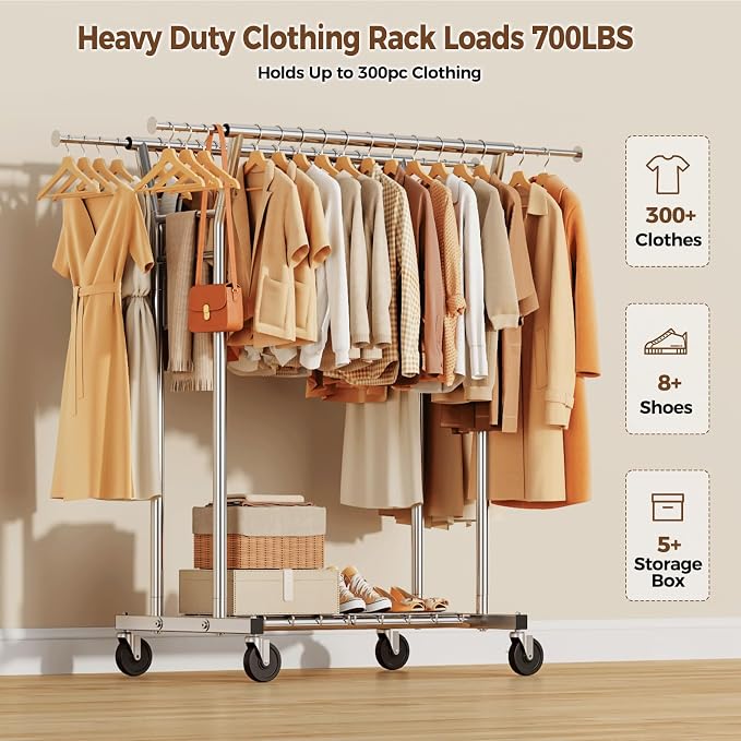 HYSEYY Heavy Duty Clothes Rack, Rolling Clothing Rack for Hanging Clothes with Shelves Load 700LBS,Portable Garment Wardrobe Closet Rack with Wheels for Bedroom,Laundry Room,Retail Store,Silver