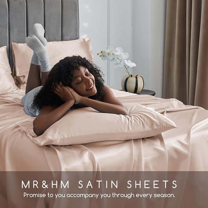 MR&HM Satin Sheets Twin Size with Elastic Corner Straps, Champagne | Similar to Silk, 3-Piece Silky Soft Bed Sheet Set, Gentle on Skin and Hair, 15" Deep Pocket, Cooling & Breathable