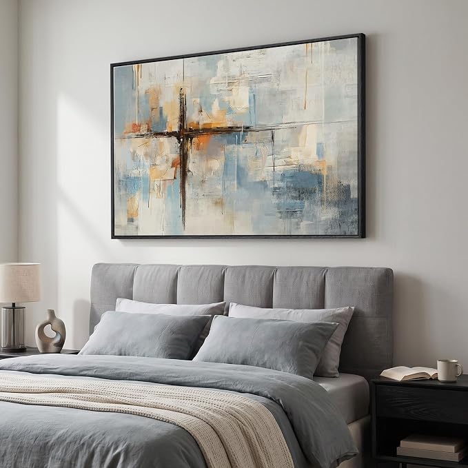 Extra Large Framed Blue Abstract Wall Art for Living Room, Horizontal 60x40 | Cross picture, Canvas prints, Wood frame, Modern blue orange paintings, Artwork for walls, Wall decor for bedroom dining room