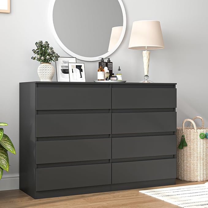 Vibe & Dine 8 Drawer Double Dressser, Modern Chest of Drawers with Wide Storage for Closet, Bedroom, Living Room, Black