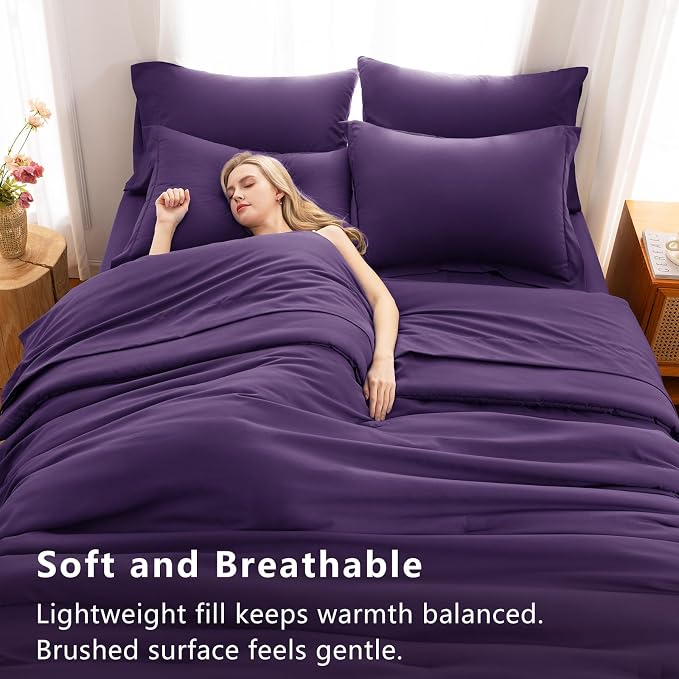 Queen Comforter Set Purple, 7 Pieces Bed in a Bag | OEKO-TEX Certified, All-Season, Bedroom, 240GSM Down Alternative Comforter, Flat & Fitted Sheets, 2 Pillowcases & 2 Shams