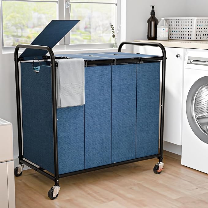 Laundry Sorter 4 Sections 48 Gal, Rolling Laundry Basket with Wheels ＆ Lid | Laundry Hamper, 4 Separated Removable Bags, Lockable Wheels, Dirty Clothes Hamper for Laundry Room Organizer, Blue