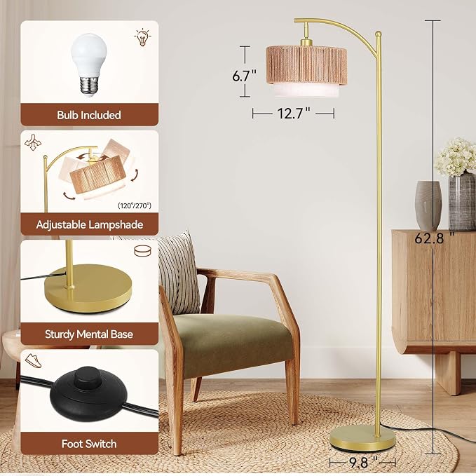 SUNMORY Arc Floor Lamps for Living Room, Rattan Standing lamp with 12W Bulb | Arched LED Lamp with 3 Color Temperatures, Farmhouse Floor Lamps with Adjustable Shades, Boho Floor Lamp for Bedroom, Corner