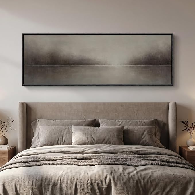 Large Framed Moody Abstract Landscape Wall Art for Living Room, 60x20 In | Rustic lake picture, Canvas prints, Horizontal long artwork, Neutral painting, Wood frame, Wall decor for bedroom dining room