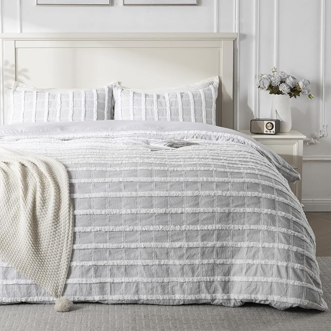 ROSE&RISY Tufted Queen Duvet Cover Set, 3 Pieces Soft & Comfortable Lightweight Textured Boho Embroidery Shabby Chic Bedding Set,Includes 1 Duvet Cover, 2 Pillow Cases (Grey Gingham,Queen)