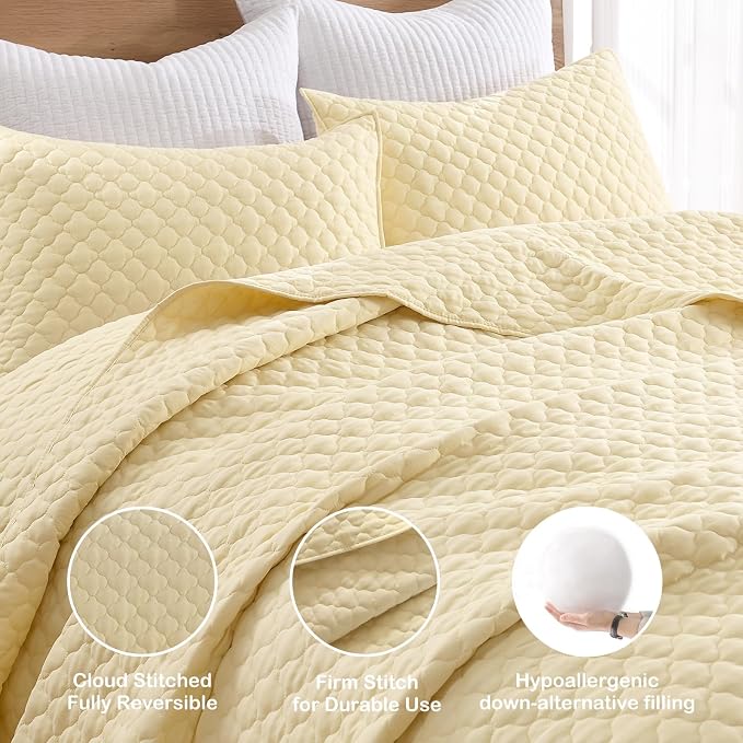 HORIMOTE HOME Quilt King Size Light Yellow, Lightweight Quilt for Summer, Ultra-Soft Microfiber Modern Style Quilted Clouds Pattern Bedspread Quit Set 3 Pieces(1 Quilt and 2 Pillow Shams)
