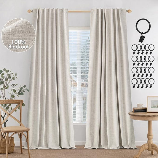 MIULEE 100% Blackout Curtains Linen Curtains & Drapes W52xL108 Inch, Cream | 2 Panels, Full Black Out, Thermal Insulated, Room Darkening Window Curtains for Bedroom Living Room , Back Tab & Rod Pocket