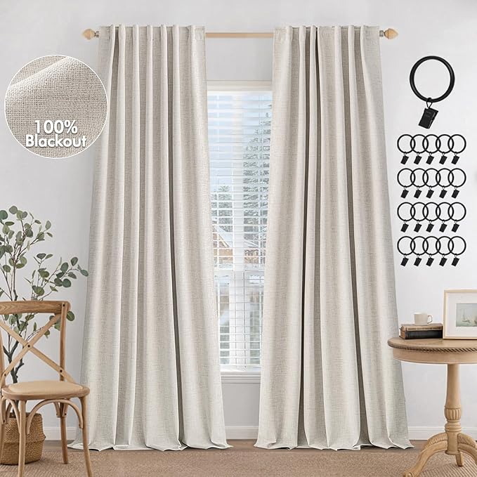 MIULEE 100% Blackout Curtains Linen Curtains & Drapes W52xL84 Inch, Cream | 2 Panels, Full Black Out, Thermal Insulated, Room Darkening Window Curtains for Bedroom Living Room , Back Tab & Rod Pocket