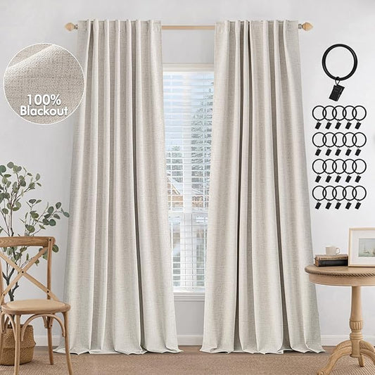 MIULEE 100% Blackout Curtains Linen Curtains & Drapes W52xL84 Inch, Cream | 2 Panels, Full Black Out, Thermal Insulated, Room Darkening Window Curtains for Bedroom Living Room , Back Tab & Rod Pocket