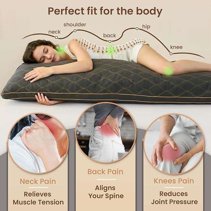 ZonLi Long Body Pillow for Adults, Gold Thread Quilted Gourd Pattern Cover, Soft Durable Adjustable Shredded Memory Foam, Comes with Extra 7 Oz Shredded Foam, Ideal for Side Sleepers, Dark Gray