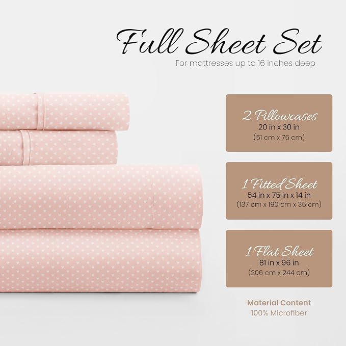 Linen Market Patterned Microfiber Full Sheet Set 4 Piece – Oeko-TEX Certified Ultra Soft & Wrinkle-Free - 16" Deep Pocket Sheets - Easy Care Full Size - My Heart Pink